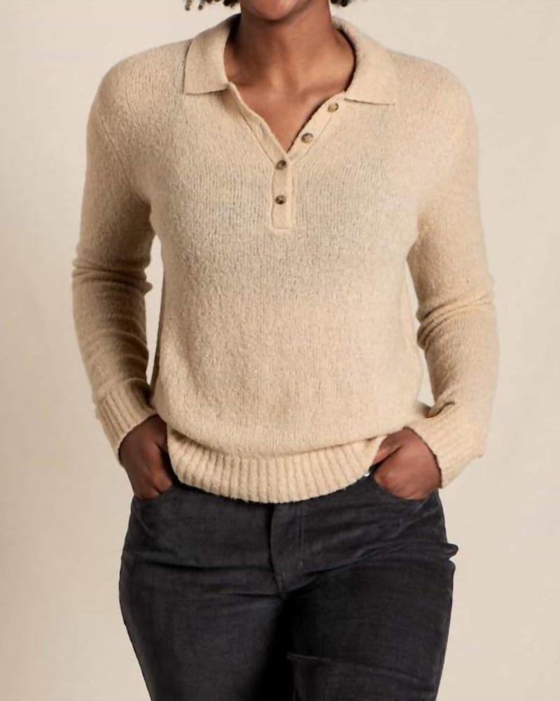 Front of a model wearing a size large Cotati Collared Sweater in Chai in Chai by TOAD&CO. | dia_product_style_image_id:326746